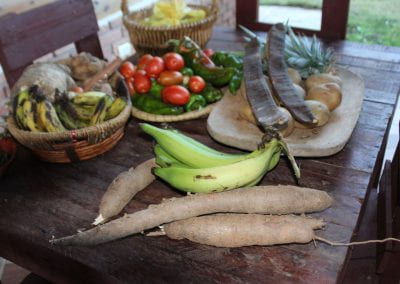 A vibrant collection of harvest fruits and vegetables sit on a table and in baskets, including a long, brown root plant, many banana-shaped fruits, green peppers and red tomatoes, and brown potatoes, all from Tuwaliri's cloud forest