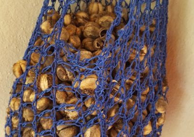 A hanging blue cloth basket full of Semillas de Higuereta Seca, dried brown almond-sized seeds, from Tuwaliri's cloud forest
