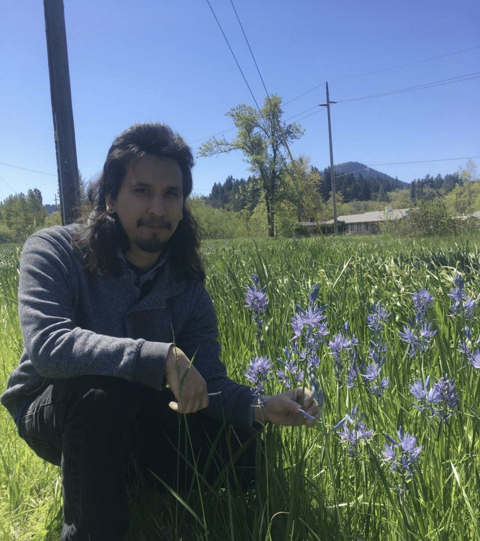 Image showing a man kneeling down next to camas plants on a sunny day in Eugene.