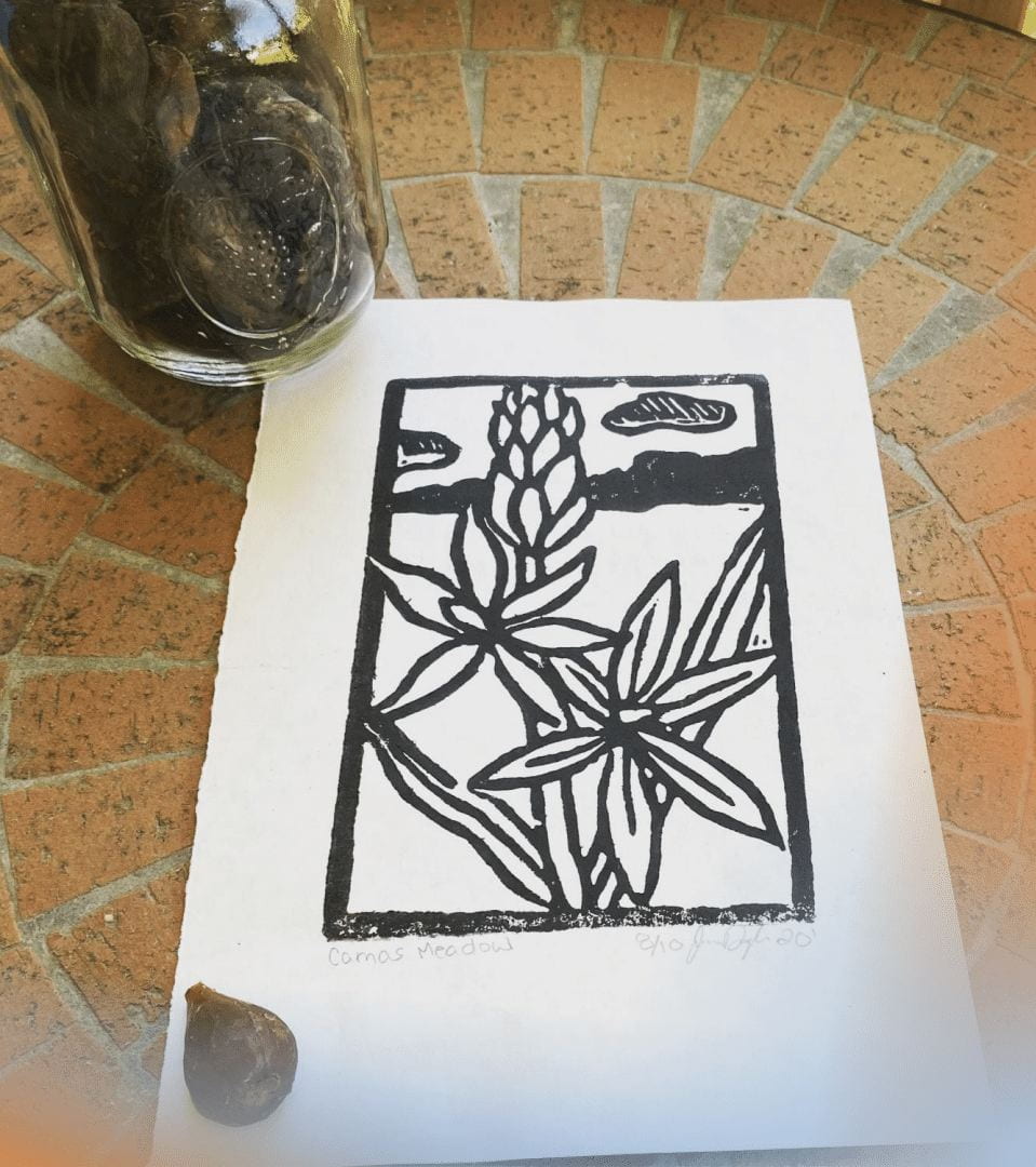 Image showing artwork of a print of camas plants and camas bulbs by Jessica Douglas.