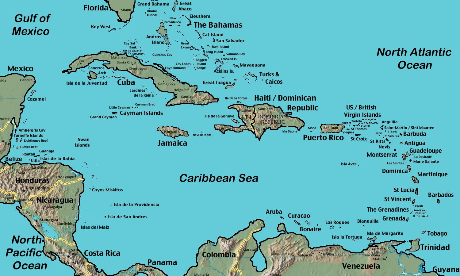 A map of the Caribbean region that depicts a large number of small islands.